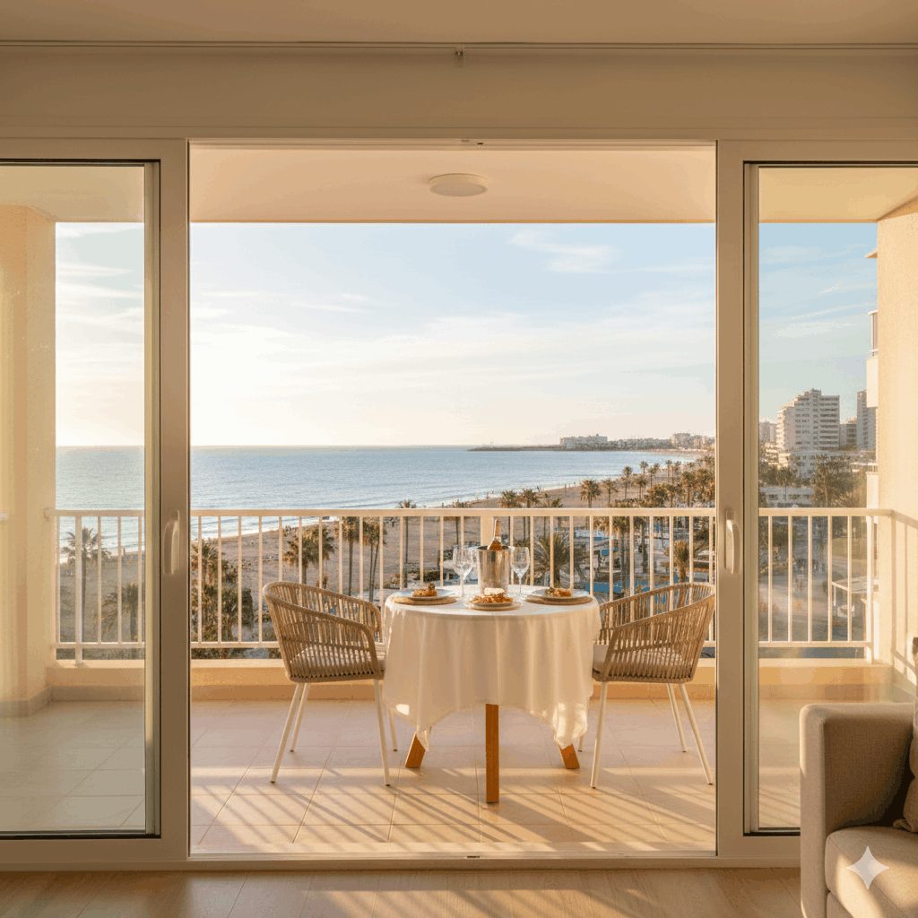 Terraza de un apartamento moderno en Torremolinos con vistas al mar Mediterráneo y zona de comedor exterior.