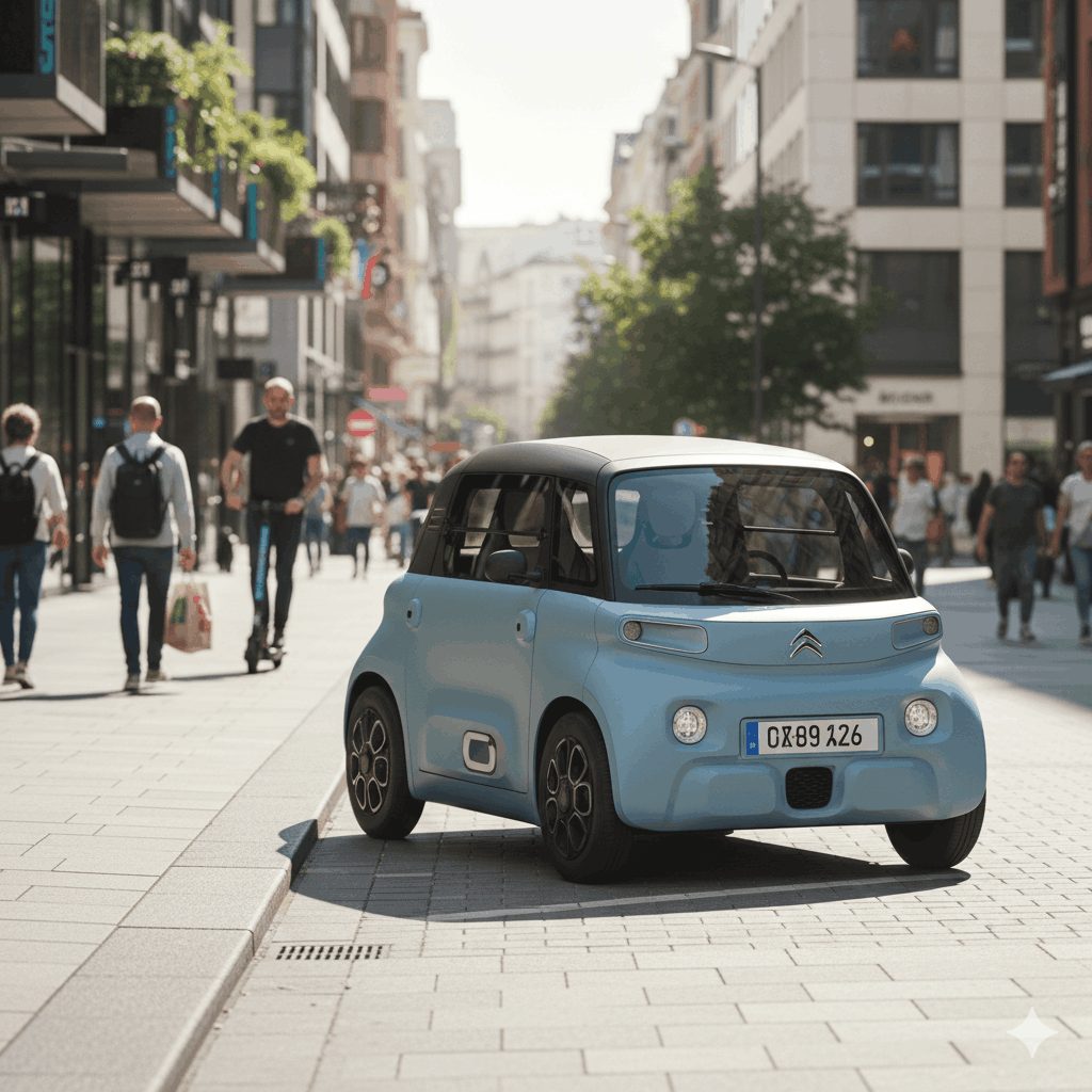 Coche eléctrico pequeño de color azul estacionado en una calle urbana soleada, con edificios modernos de fondo.