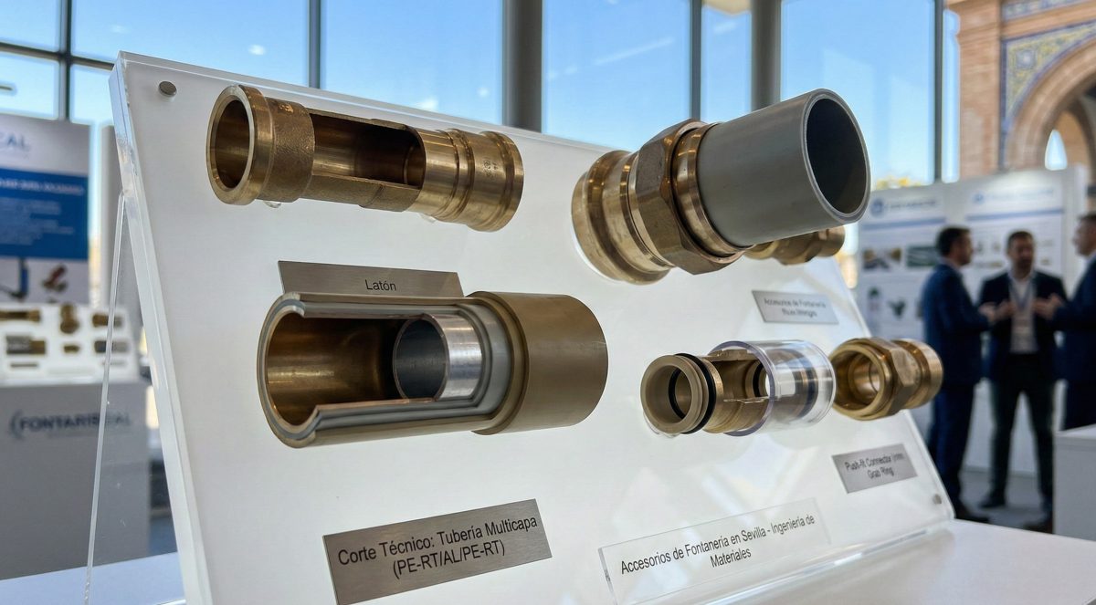 Exposición de accesorios de fontanería en Sevilla fabricados en latón y materiales poliméricos de alta resistencia.