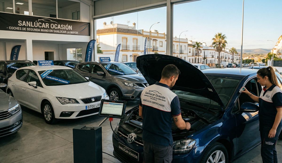 Mecánico profesional realizando una inspección técnica de puntos críticos en un coche de segunda mano en Sevilla antes de la venta.