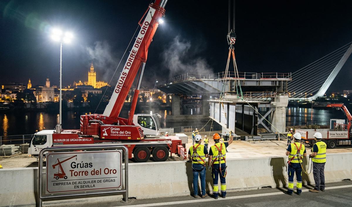 Grúa autopropulsada de gran tonelaje realizando un izado de precisión en una obra de infraestructura en Sevilla, con personal técnico supervisando.