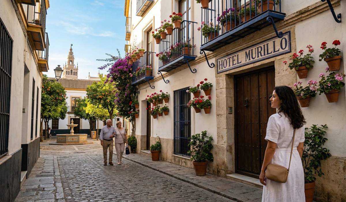 vista de una calle típica del Barrio de Santa Cruz cerca de un hotel en el centro de Sevilla.