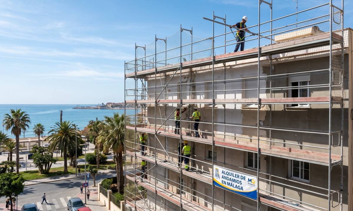 Estructura de andamio tubular montada en un edificio de Málaga cumpliendo normas de seguridad.