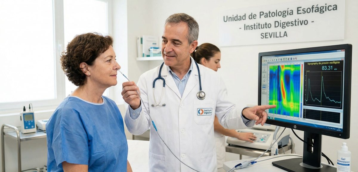 Especialista realizando una prueba de manometría esofágica de alta resolución en Sevilla en el Instituto Digestivo.