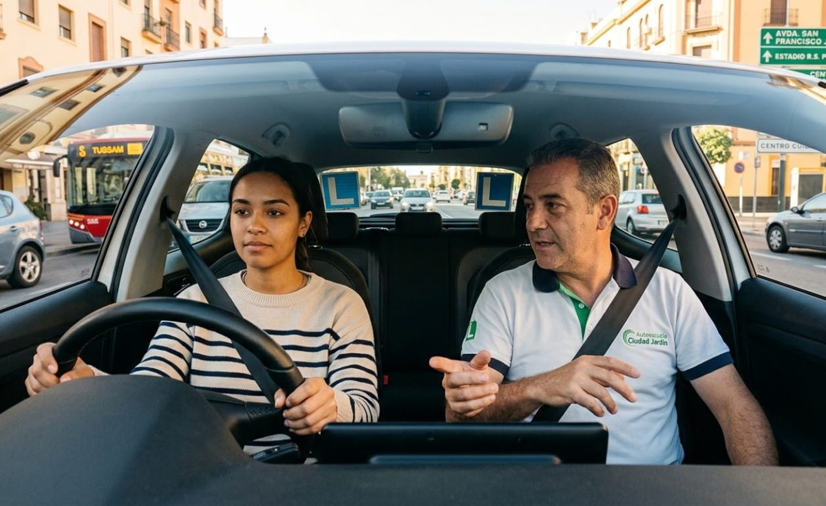 Alumno realizando prácticas de conducción en un coche de autoescuela por las calles de Sevilla con un instructor profesional.