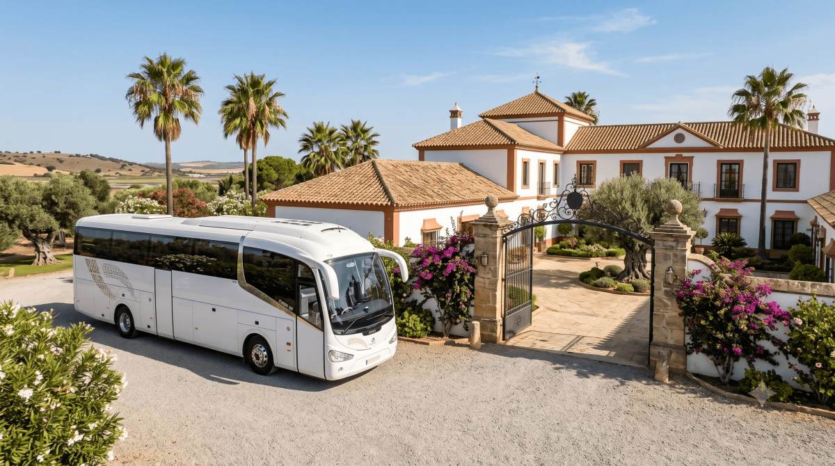 Autocar para invitados estacionado junto a una finca de bodas en Huelva