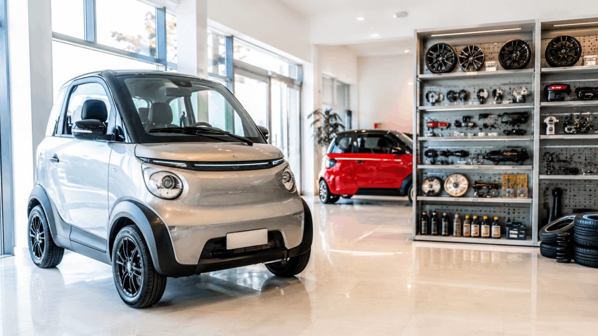 Andalucía Sin Carnet coches sin carnet recambios y alquiler eléctrico con vehículo compacto en exposición y estantería de repuestos