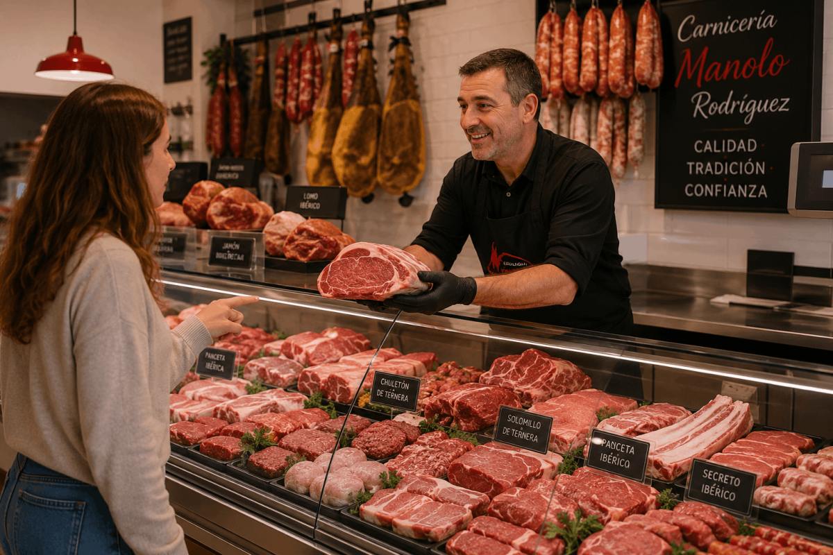 Carnicería en El Porvenir con mostrador de carnes premium, ternera gallega, embutidos y atención al cliente en Sevilla
