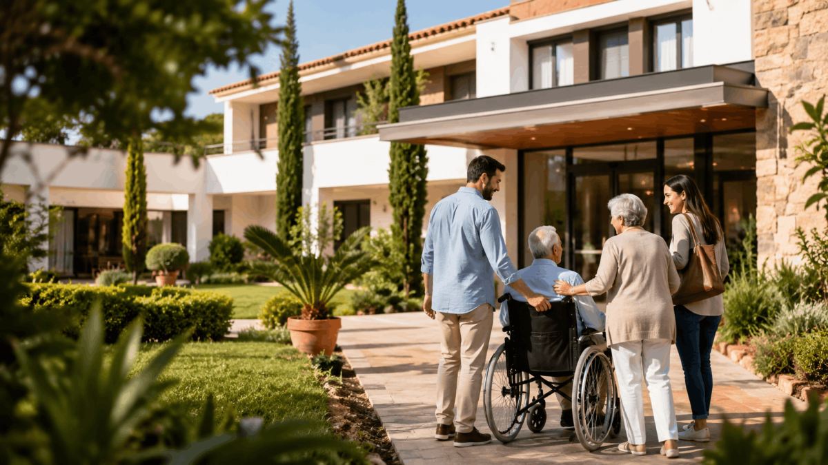 Centro geriátrico en Sevilla CER Espartinas en el Aljarafe con familia visitando una residencia de mayores con jardines y entorno tranquilo