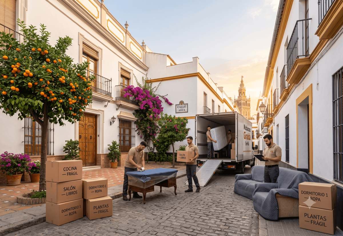 Equipo profesional preparando una mudanza en Sevilla con cajas identificadas y muebles protegidos