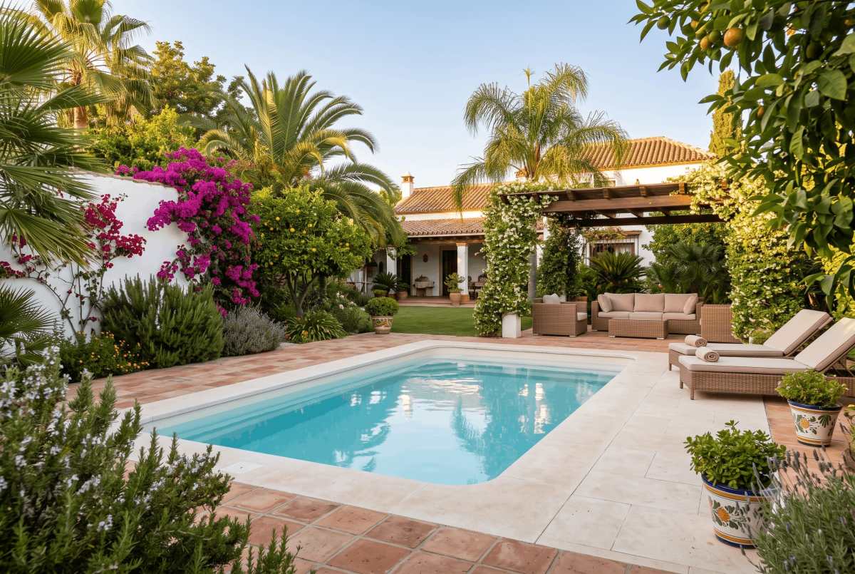 Piscina de poliéster integrada en el jardín de una vivienda de Sevilla