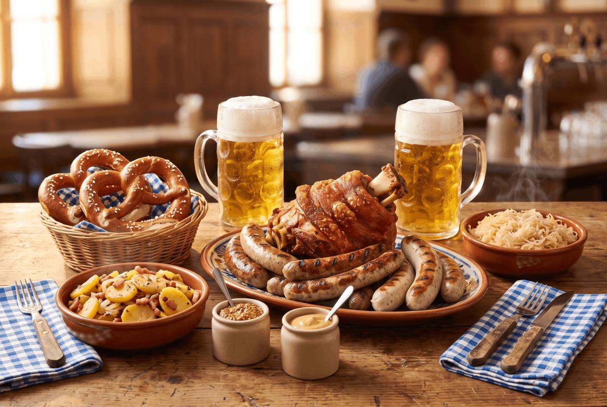 Mesa con salchichas alemanas, codillo, Bretzel, chucrut, patatas y cerveza